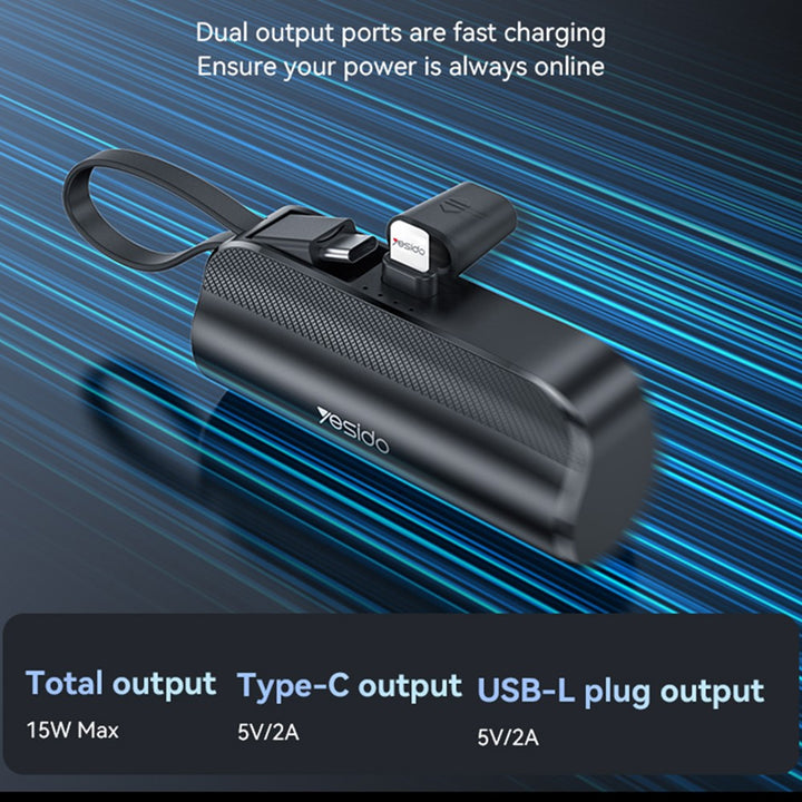 Yesido 5000mAh Super Mini Power Bank with Built-in USB-C & USB Plug